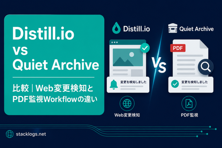 Distill.io vs Quiet Archive 比較｜Web変更検知とPDF監視Workflowの違い
